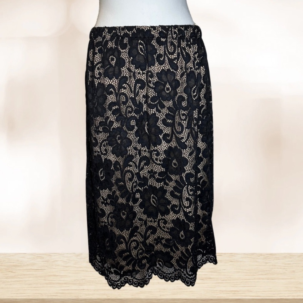 Black Lace and Tan Embellished Knee-Length Pencil Skirt